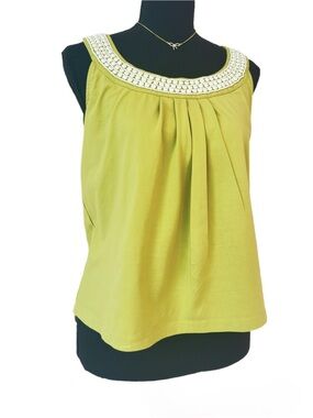 TALBOTS ~ Chartreuse Green Sleeveless Top with Iridescent Beaded-Neckline